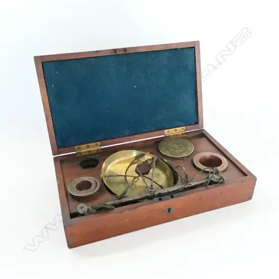 MAHOGANY BOXED SET OF SCALES & WEIGHTS...